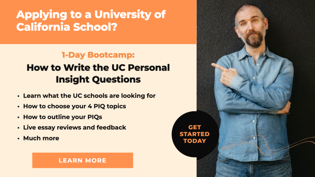 Image of College essay guy with text about the UC PIQ course offered in 1 day