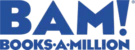 The image shows the blue "BAM! BOOKS-A-MILLION" logo on a black background.