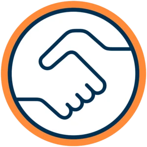Icon of two hands shaking inside a circle with an orange border, representing a handshake or agreement.