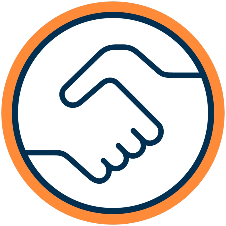 Icon of two hands shaking inside a circle with an orange border, representing a handshake or agreement.