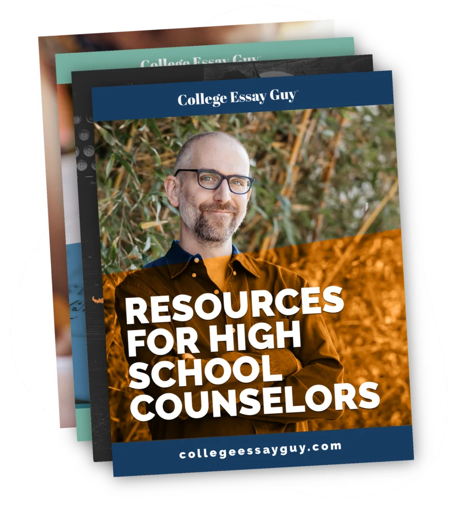 A stack of resource guides, with the top one featuring a man standing outdoors and the title "Resources for High School Counselors" by College Essay Guy.