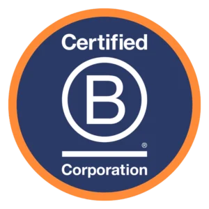 Blue circular Certified B Corporation logo with a bold "B" in the center, white text, and an orange border.