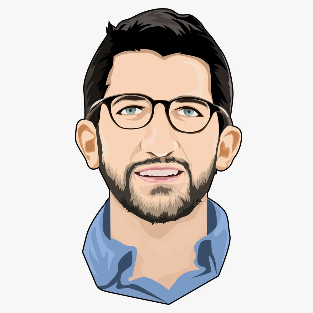 Illustration of a man with short dark hair, glasses, a beard, and wearing a blue collared shirt, shown from the shoulders up.