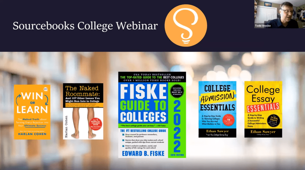 A webinar slide shows four college guidebooks and a video speaker. Text reads "Sourcebooks College Webinar" with the Sourcebooks logo above images of book covers about college admission.