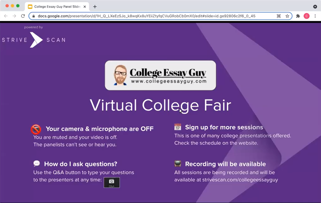 Virtual College Fair presentation slide showing instructions about camera/microphone settings, asking questions, signing up for sessions, and session recordings on a purple background.