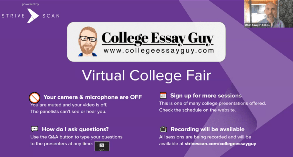 Virtual College Fair slide for College Essay Guy, with instructions about camera/mic status, signing up for sessions, asking questions via chat, and recording availability.