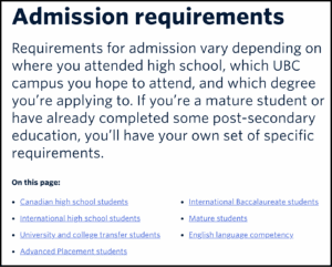 A text page outlines UBC admission requirements, noting they vary by applicant type, schooling background, and degree. Links to specific applicant categories are listed at the bottom.