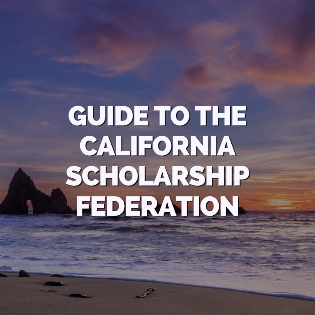 Text reading "Guide to the California Scholarship Federation" is overlaid on a beach scene at sunset with rocks and waves in the background.
