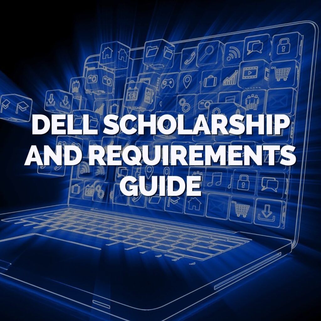 Digital illustration of a laptop with app icons, overlaid with the text "Dell Scholarship and Requirements Guide.