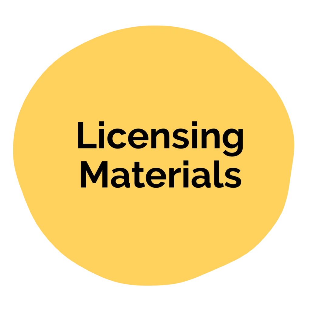 Yellow irregular circle with the words "Licensing Materials" in bold black text centered inside.