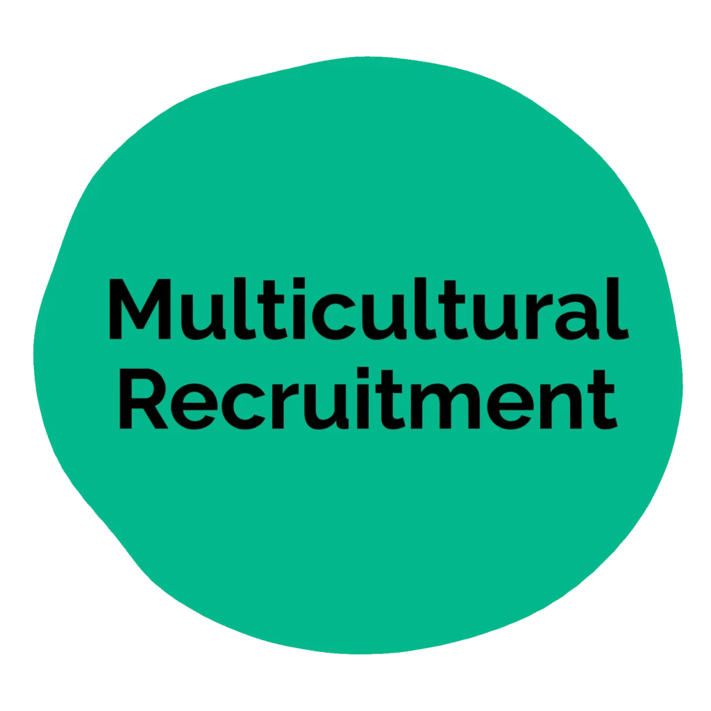 A green circular shape with the words "Multicultural Recruitment" in bold black text at the center.