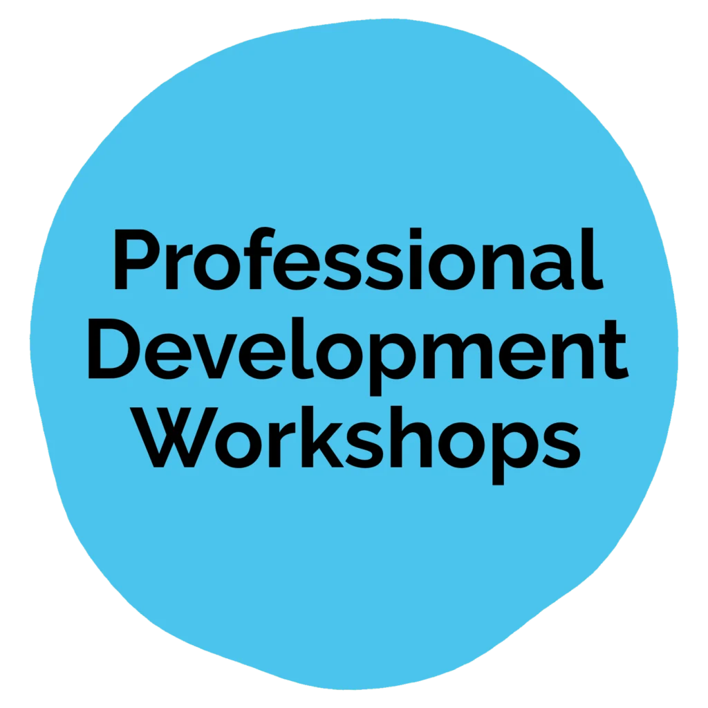 Blue circle with the text "Professional Development Workshops" in bold black font.