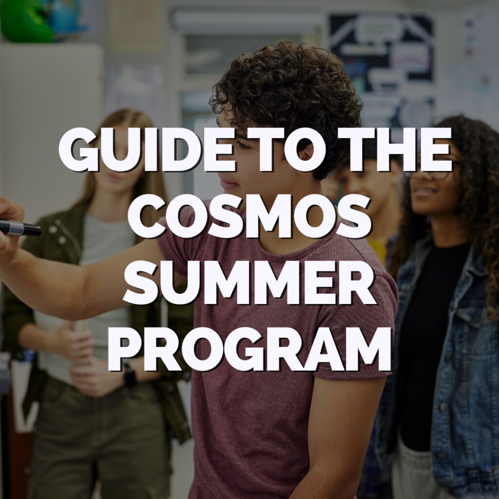 A young man writes on a whiteboard while three other students watch, with the text "Guide to the Cosmos Summer Program" overlaid.