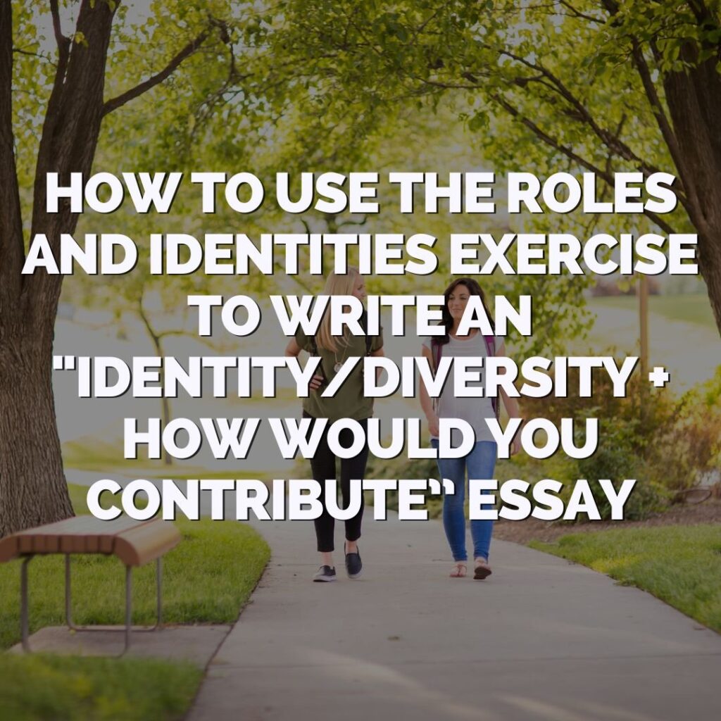 Three people walk on a tree-lined path with text overlay about writing an identity, diversity, and contribution essay using the roles and identities exercise.