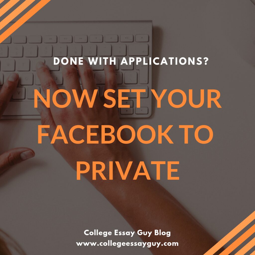 Hands typing on a keyboard with text advising to set Facebook to private after finishing applications; website details at the bottom.