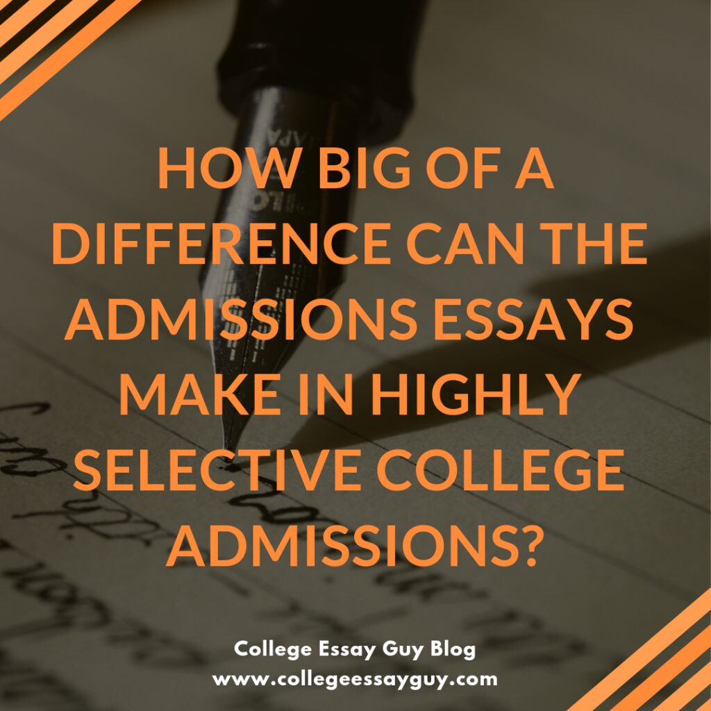A fountain pen writing on paper with overlaid text asking about the impact of admissions essays on selective college admissions.
