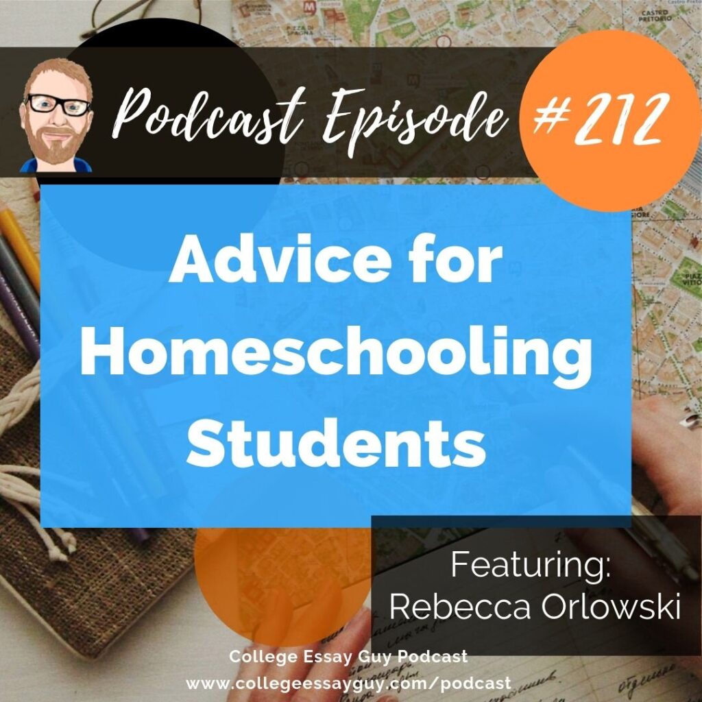 Podcast episode 212 titled "Advice for Homeschooling Students," featuring Rebecca Orlowski, with maps and stationery in the background.