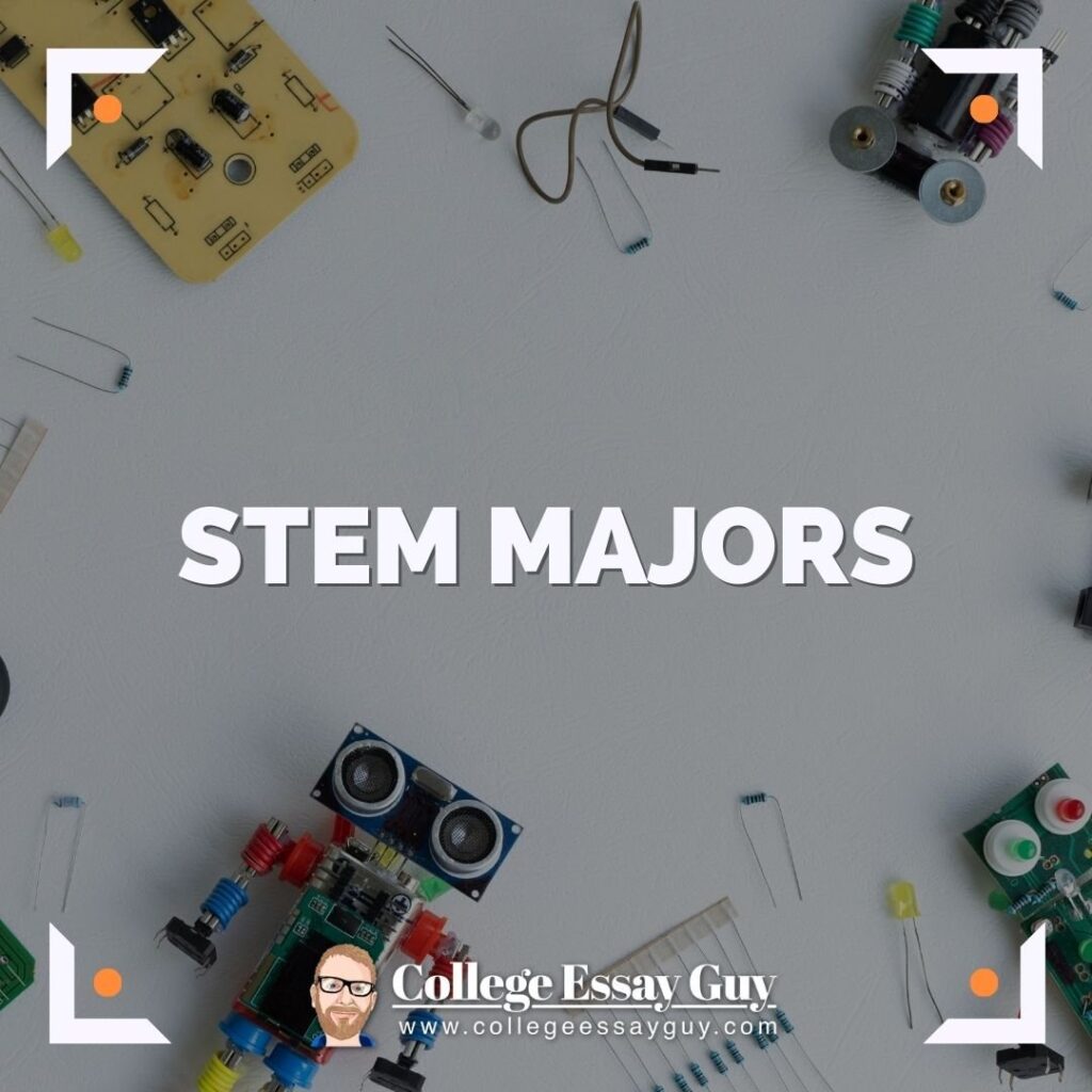 Various electronic components and small circuit boards arranged around the text "STEM Majors" with the College Essay Guy logo at the bottom.