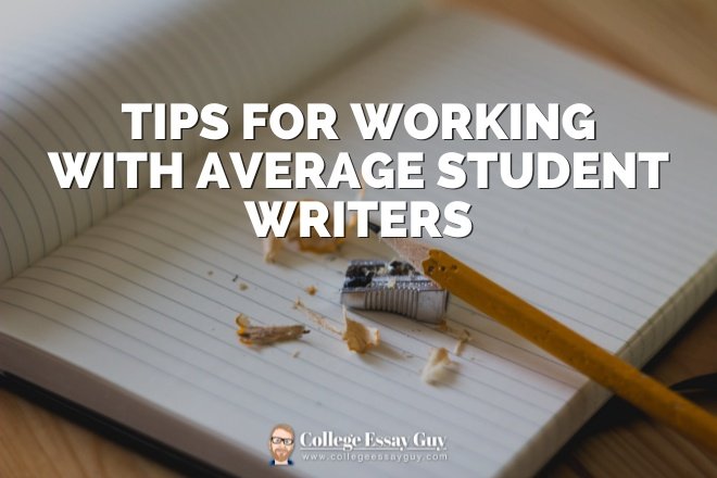 An open notebook with pencil shavings, a sharpener, and a pencil, overlaid with the text "Tips for Working with Average Student Writers.