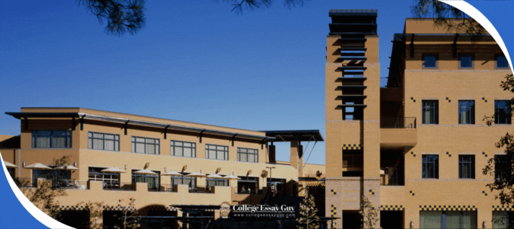 Modern academic building with large windows, multiple stories, and a distinctive tower structure against a clear blue sky.