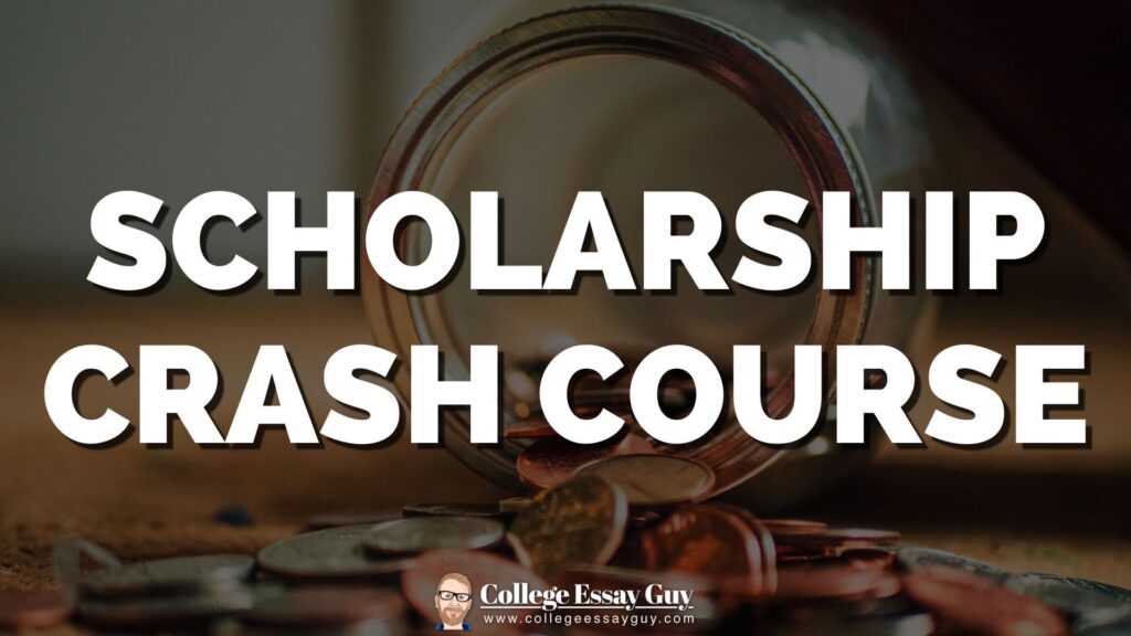 A tipped-over glass jar with coins spilling out and the text "Scholarship Crash Course" in bold letters.