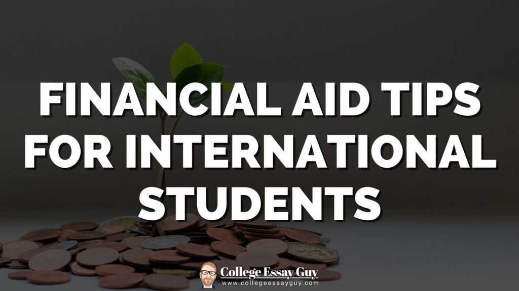 A small plant grows from a pile of coins, with the text "Financial Aid Tips for International Students" overlaid.