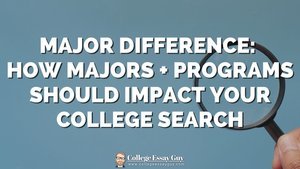 Text reads: "Major difference: How majors + programs should impact your college search" over a blue background with a hand holding a magnifying glass.