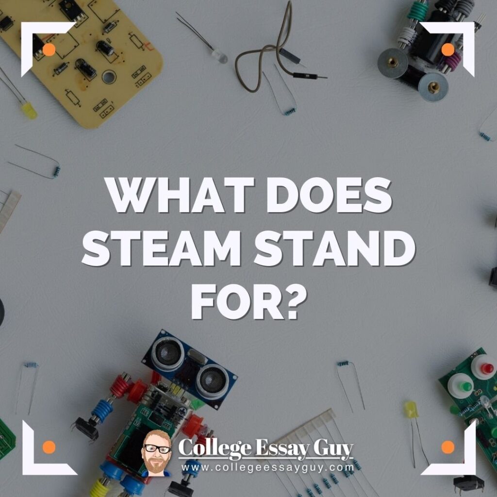 Electronic components arranged around text that reads "What does STEAM stand for?" with a College Essay Guy logo at the bottom.