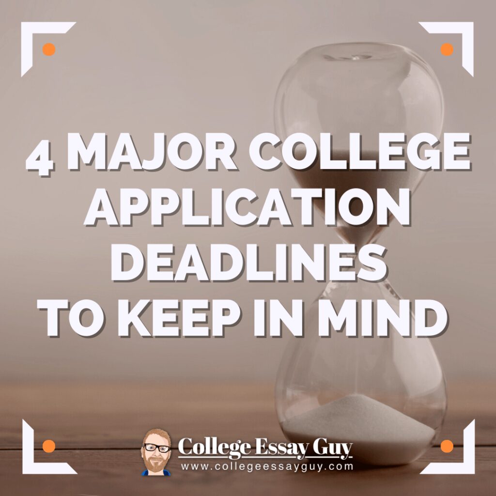 An hourglass with text overlay: "4 Major College Application Deadlines to Keep in Mind." College Essay Guy logo and website at the bottom.