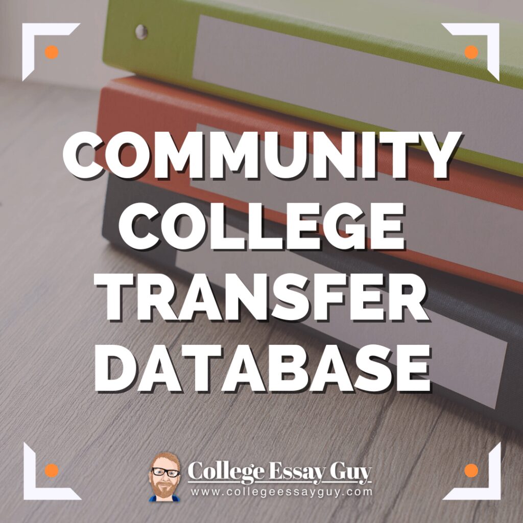 Stack of binders with the text "Community College Transfer Database" and the College Essay Guy logo at the bottom.