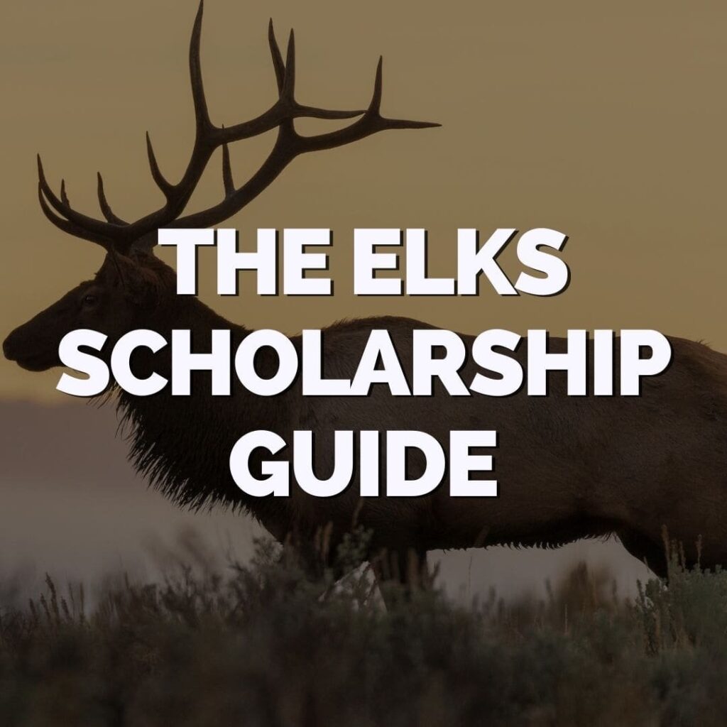 Silhouette of an elk in a field at sunset with the text "The Elks Scholarship Guide" overlaid in bold white letters.
