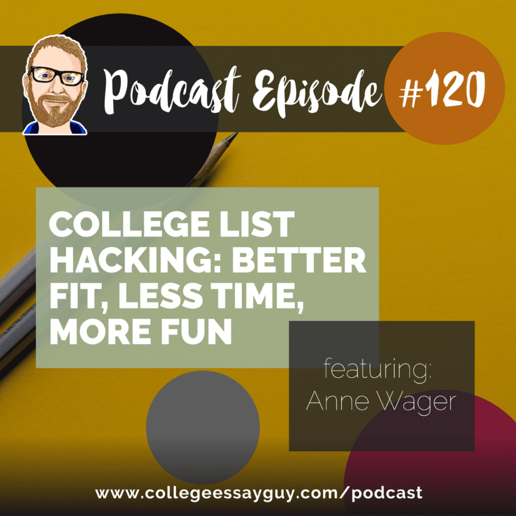 Podcast Episode #120 titled "College List Hacking: Better Fit, Less Time, More Fun," featuring Anne Wager, on a yellow background with graphic elements.