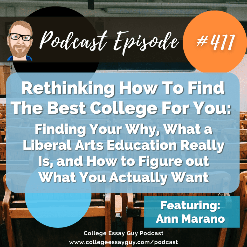 Podcast episode promo for "Rethinking How To Find The Best College For You," featuring Ann Marano, with a background of empty auditorium seats.