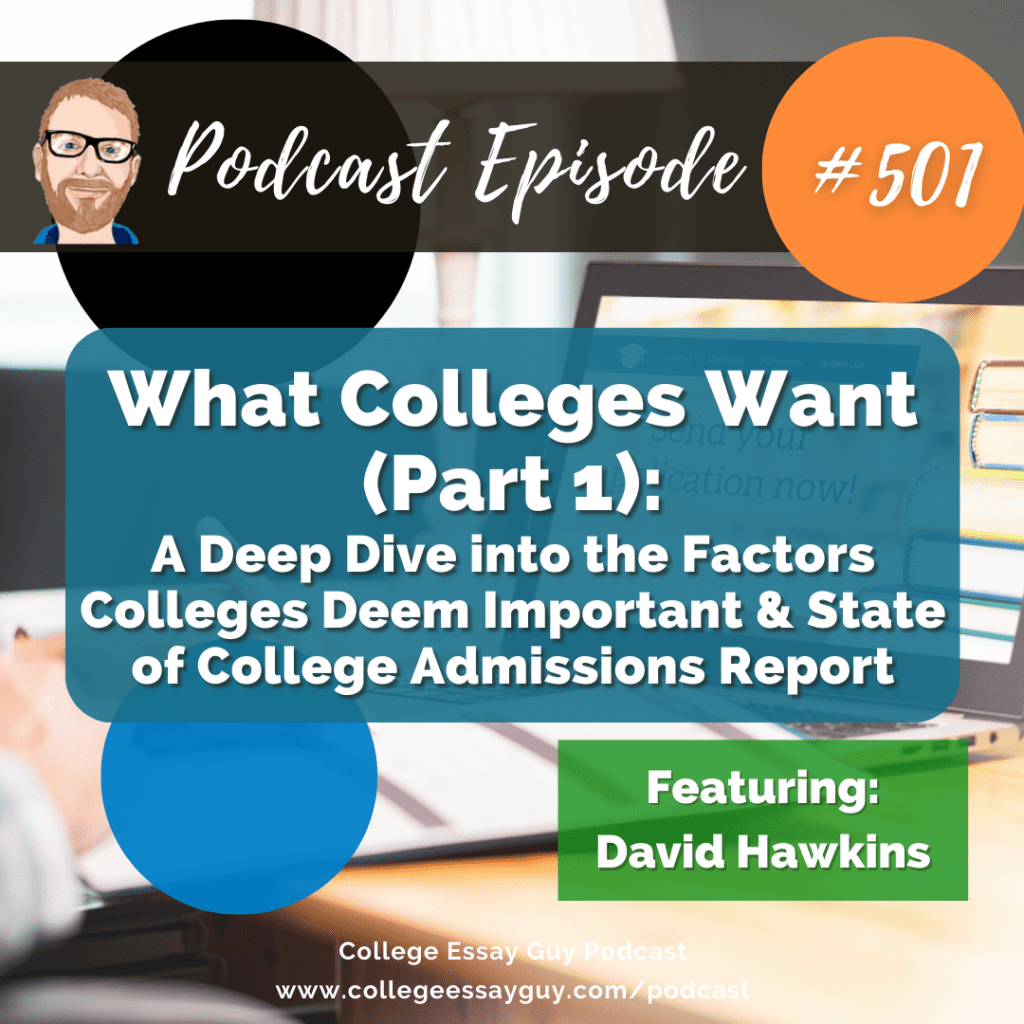 Podcast episode graphic for "What Colleges Want (Part 1)", featuring David Hawkins, discussing important college factors and a college admissions report.