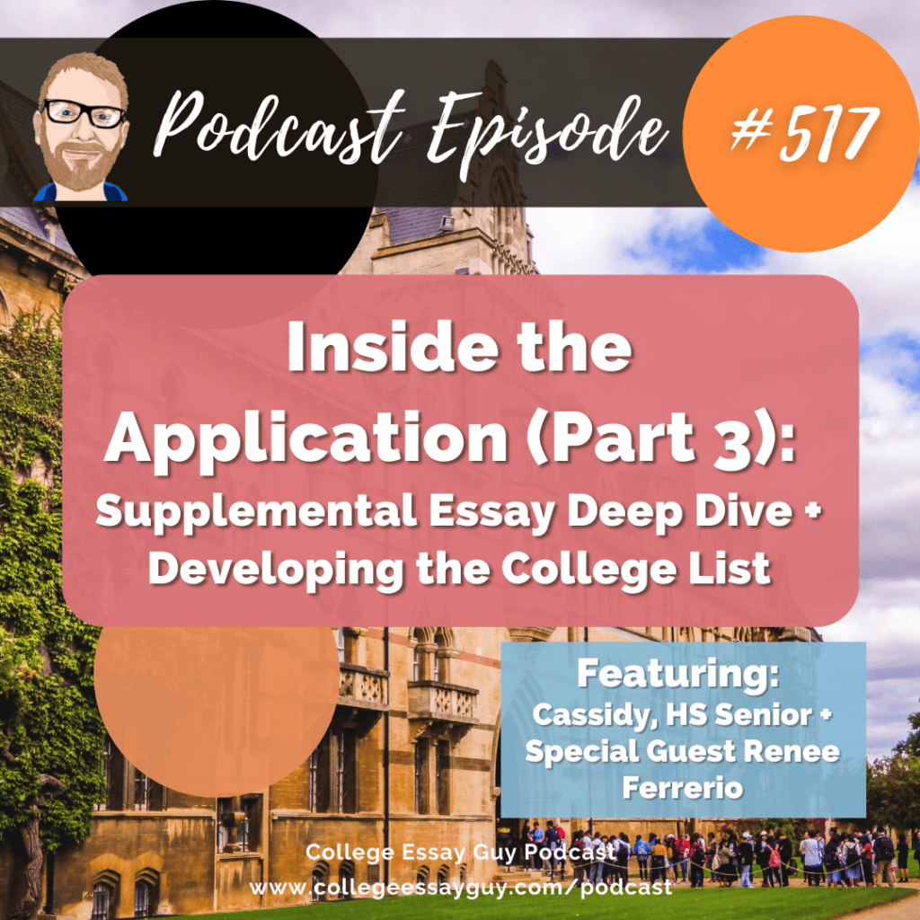 Podcast episode graphic for "Inside the Application (Part 3)" about supplemental essays and college lists, featuring Cassidy (HS senior) and guest Renee Ferrerio, episode #517.