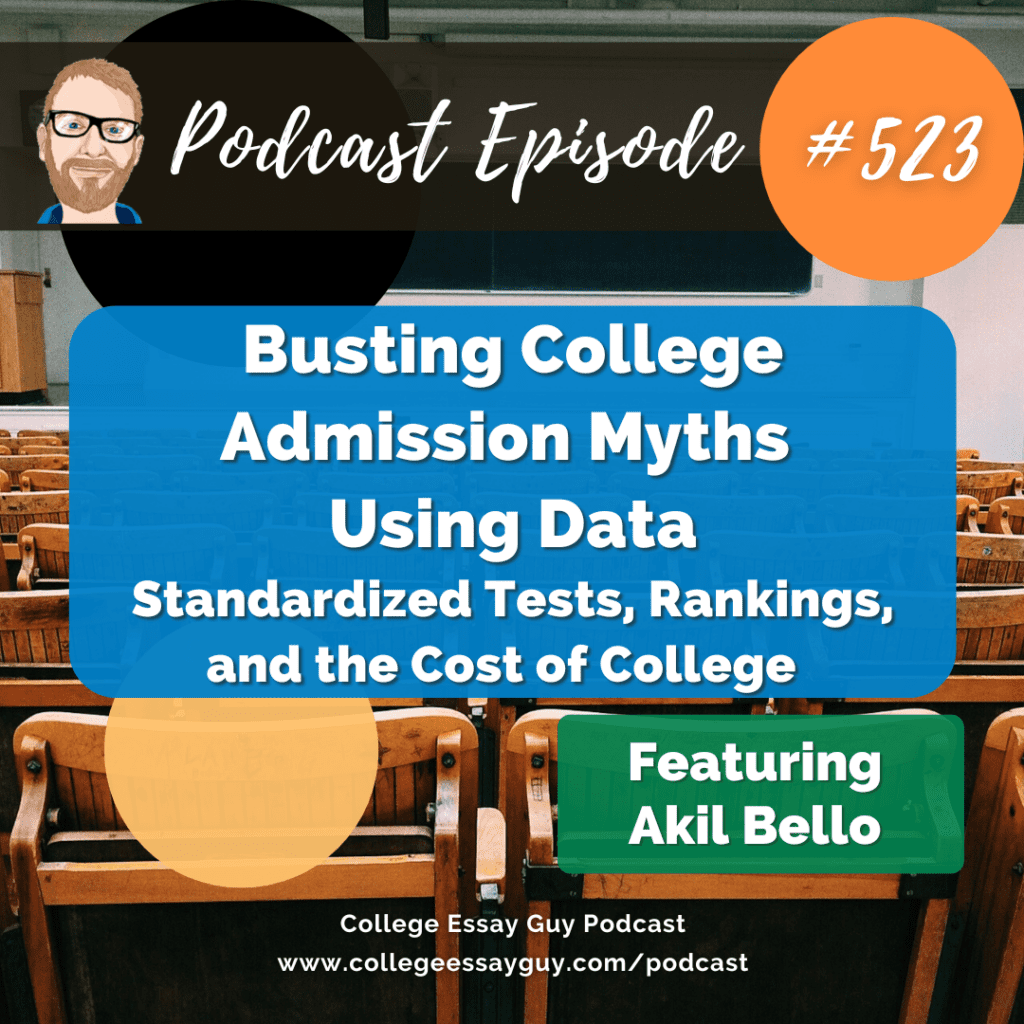 Podcast cover image with episode number 523, titled "Busting College Admission Myths Using Data," featuring Akil Bello, discussing tests, rankings, and college costs, set in a classroom.