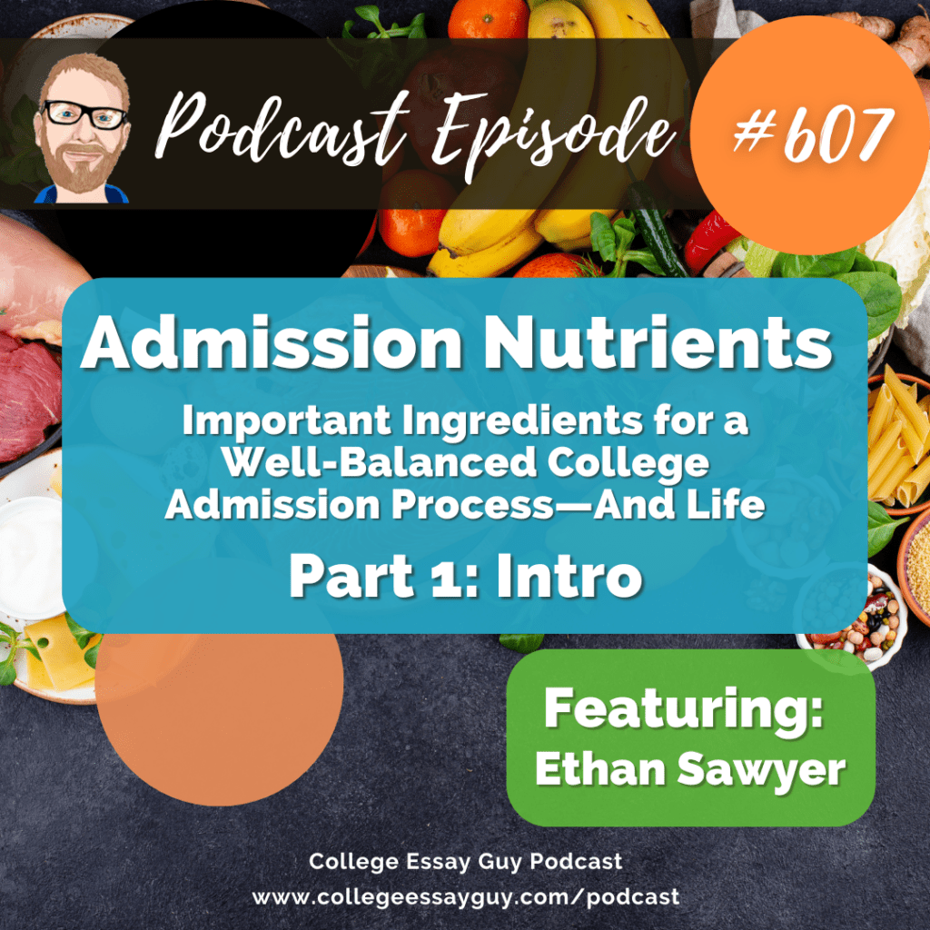 Podcast episode cover for "Admission Nutrients Part 1: Intro" featuring Ethan Sawyer, with assorted foods in the background and episode number 607 noted.