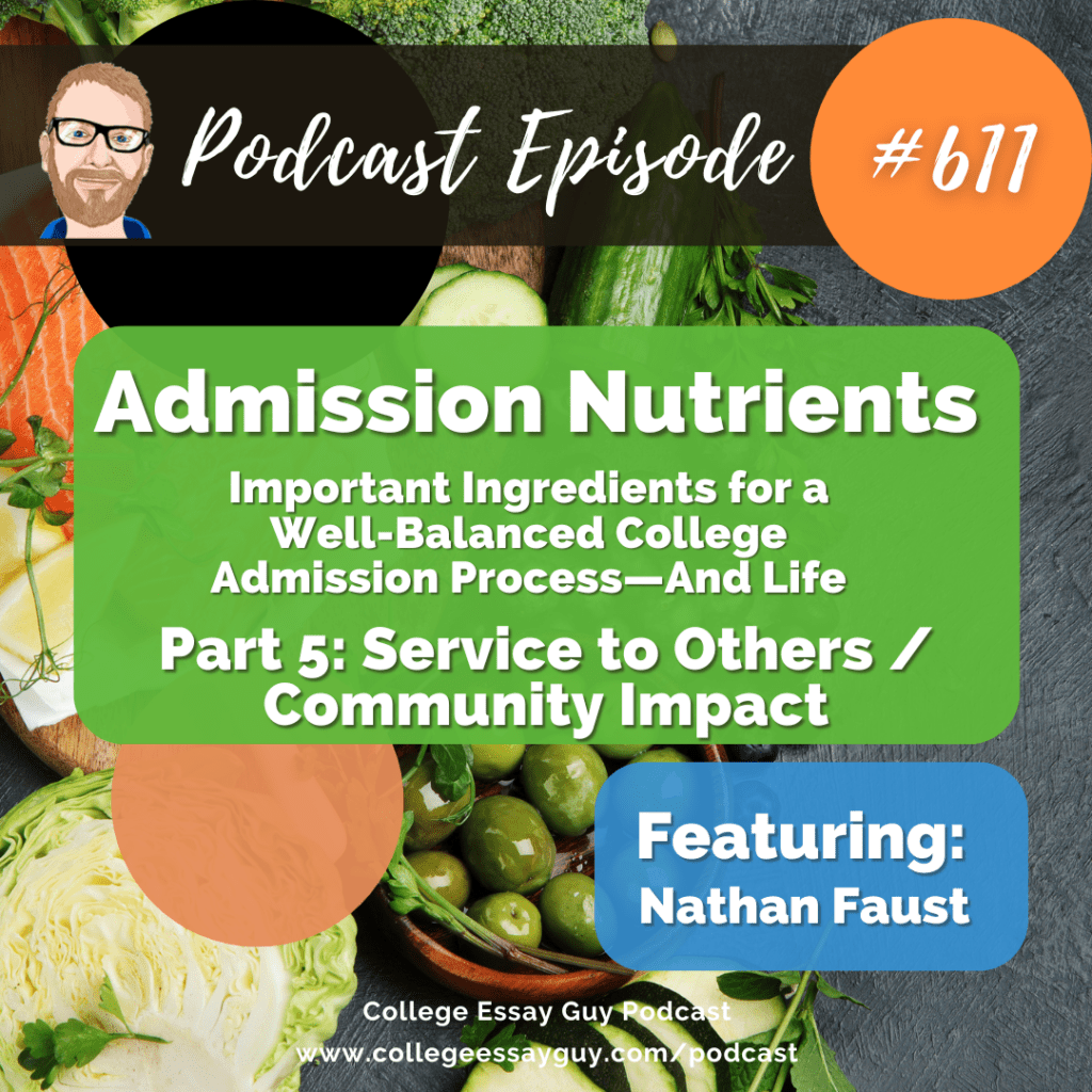 Podcast episode graphic about "Admission Nutrients," focusing on service to others and community impact, featuring Nathan Faust. Background includes assorted vegetables.