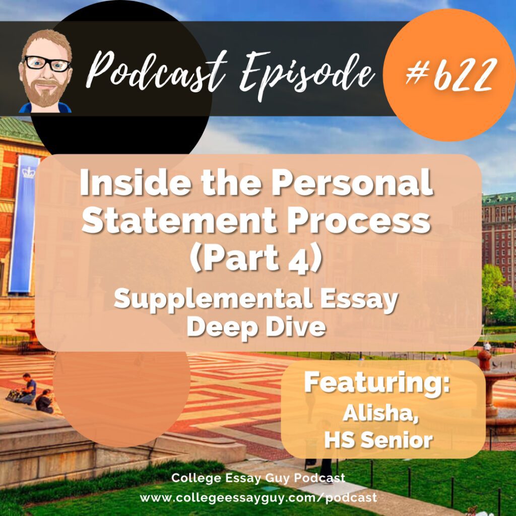Podcast episode graphic titled "Inside the Personal Statement Process (Part 4) Supplemental Essay Deep Dive," featuring Alisha, HS Senior, from College Essay Guy.