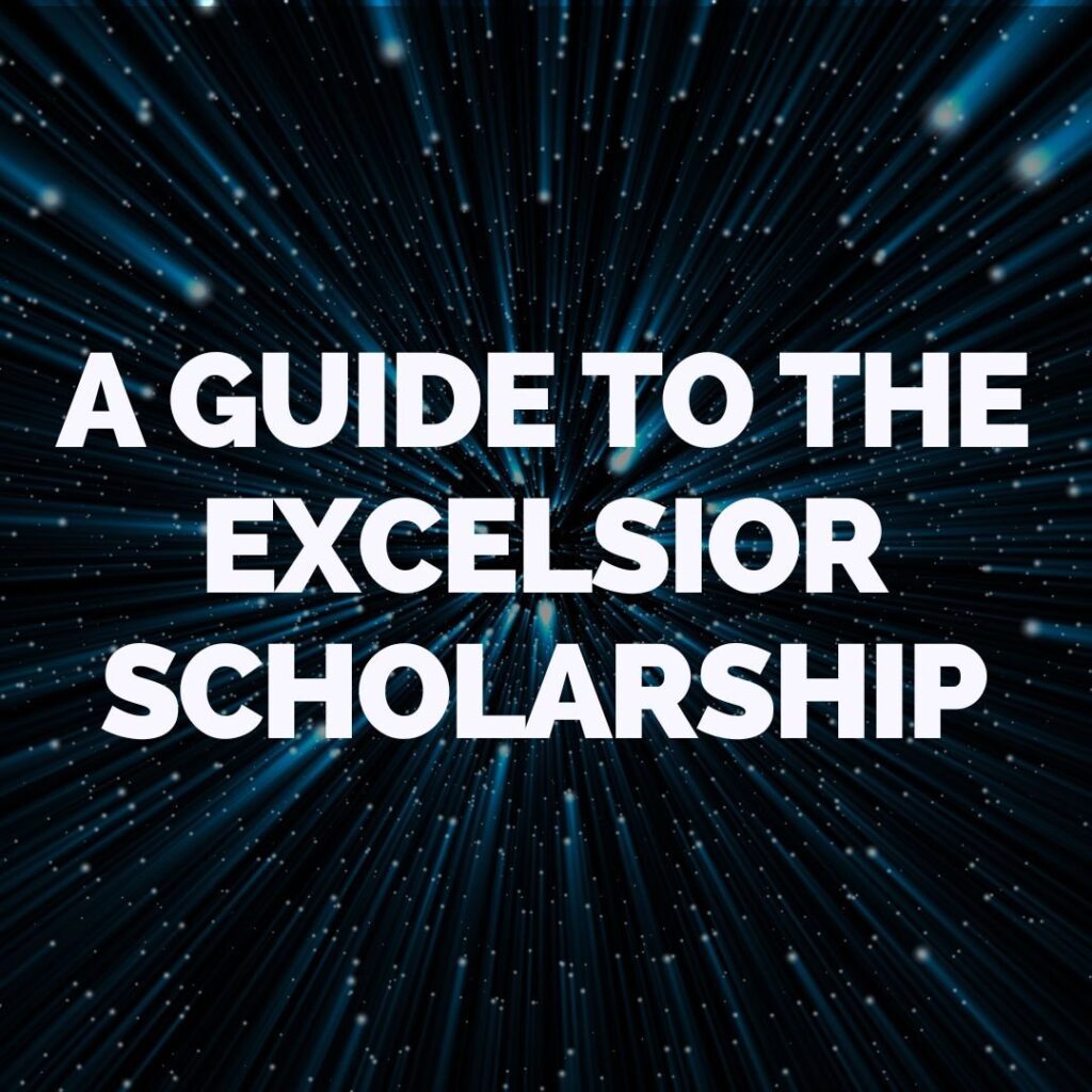 White text reads "A Guide to the Excelsior Scholarship" over a dark background with blue light streaks radiating outward.