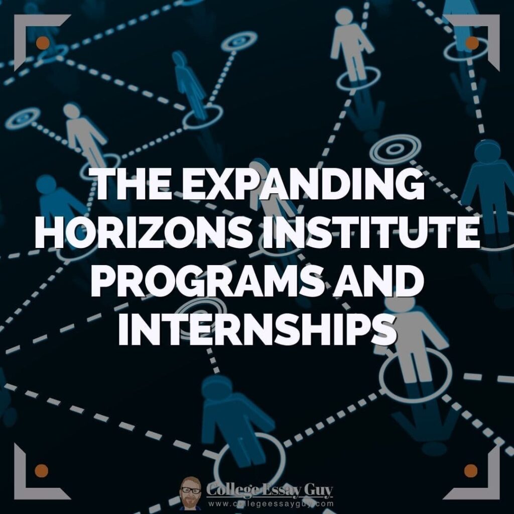 White text reads "The Expanding Horizons Institute Programs and Internships" over a graphic of interconnected human icons on a dark background.