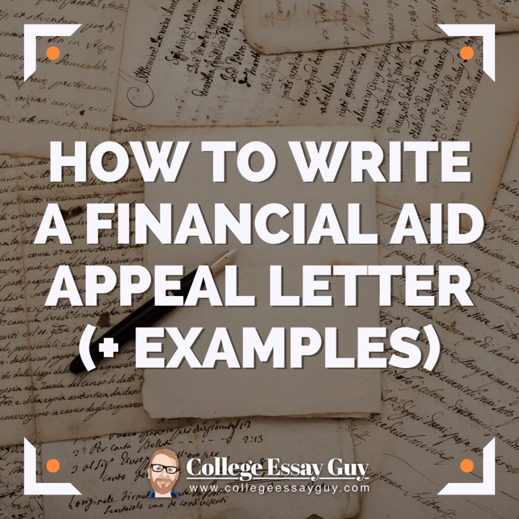 A pen rests on handwritten papers with the text "How to Write a Financial Aid Appeal Letter (+ Examples)" displayed prominently over the image.