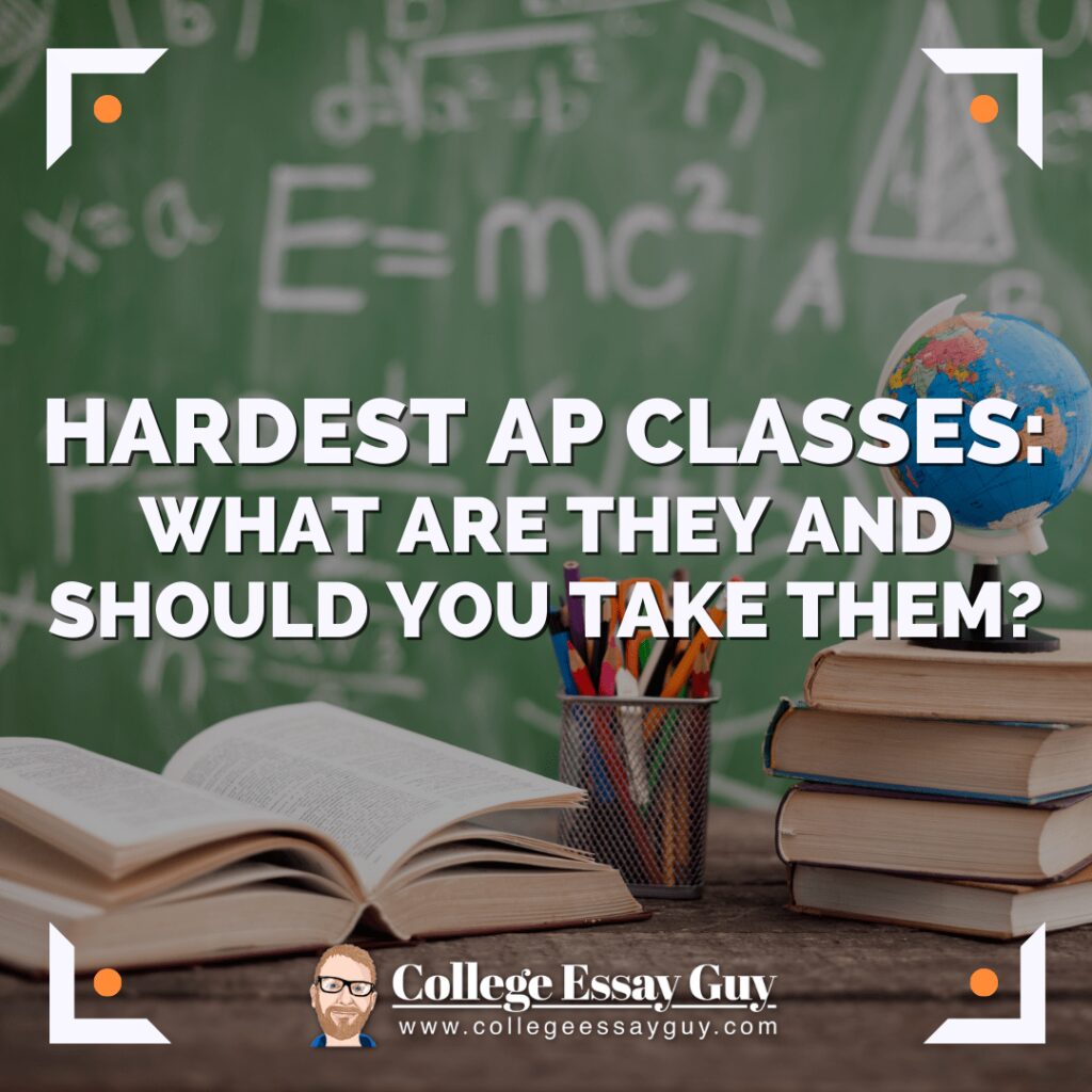 A stack of books, a pencil holder, and a globe sit on a desk in front of a chalkboard covered in math equations. Text reads: "Hardest AP Classes: What are they and should you take them?.