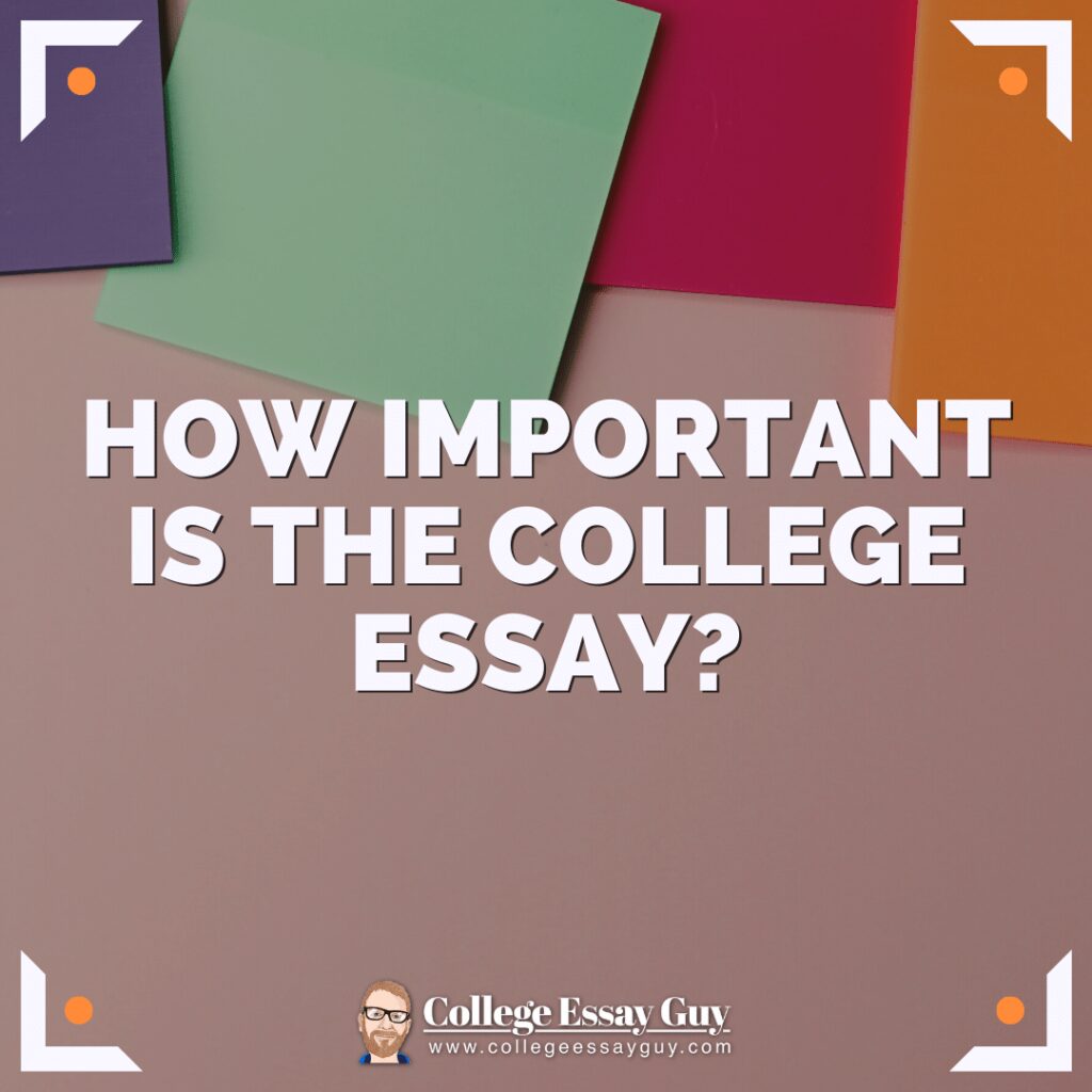 Text asks, "How important is the college essay?" on a background with pastel-colored papers and a College Essay Guy logo at the bottom.