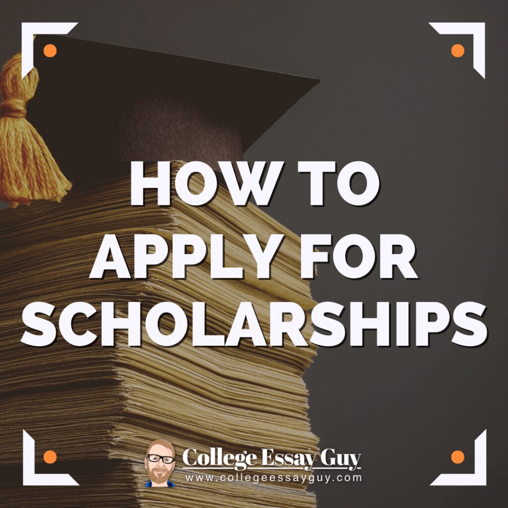 A graduation cap rests on a large stack of papers with the text "How to Apply for Scholarships" overlaid.