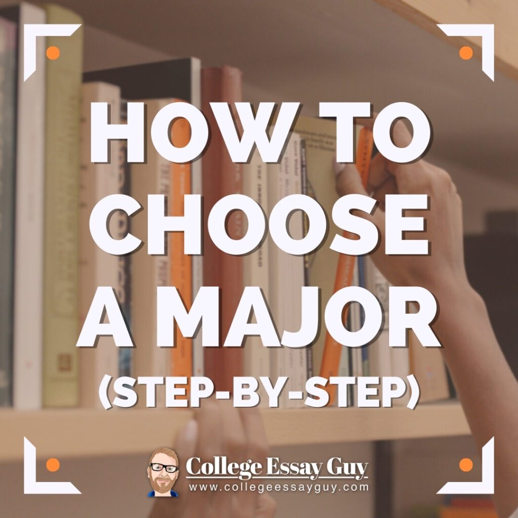 A person selects a book from a shelf with the text "How to Choose a Major (Step-by-Step)" and the logo "College Essay Guy" overlaid on the image.