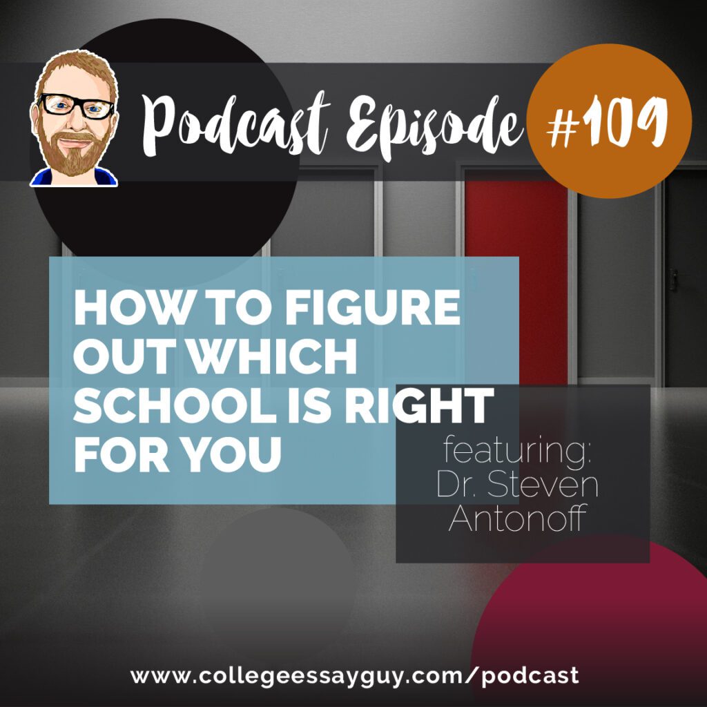 Podcast Episode 109 cover image with text: "How to Figure Out Which School Is Right for You, featuring Dr. Steven Antonoff" and website link at the bottom.