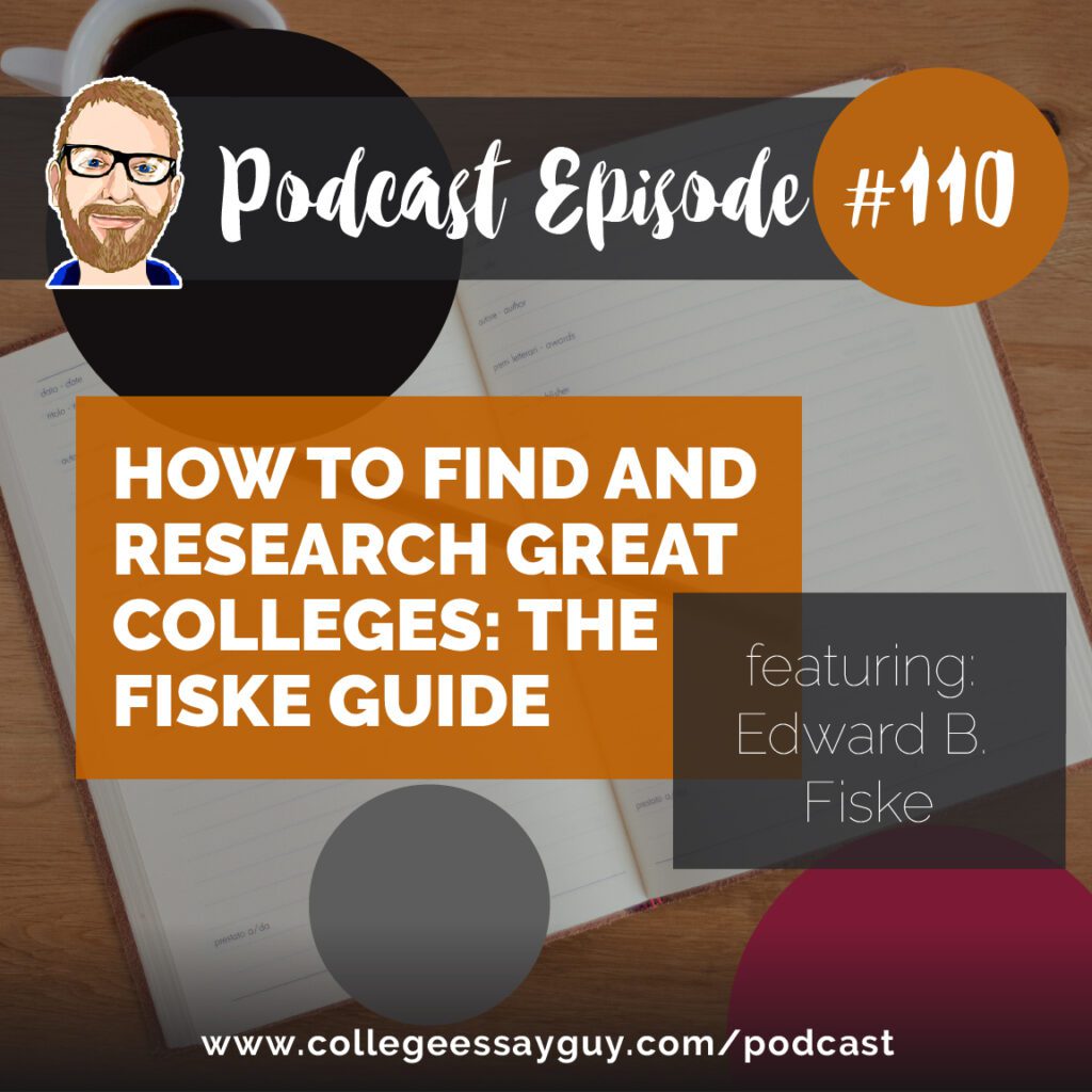 Podcast Episode #110 cover image with title "How to Find and Research Great Colleges: The Fiske Guide," featuring Edward B. Fiske, and a website link at the bottom.