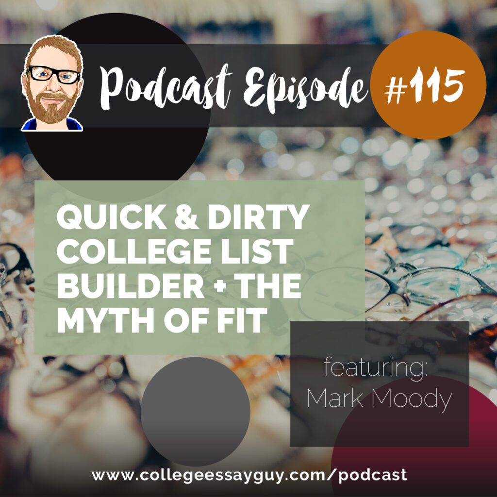 Podcast Episode 115 cover art with the title "Quick & Dirty College List Builder + The Myth of Fit" and featuring Mark Moody. Website link included at the bottom.