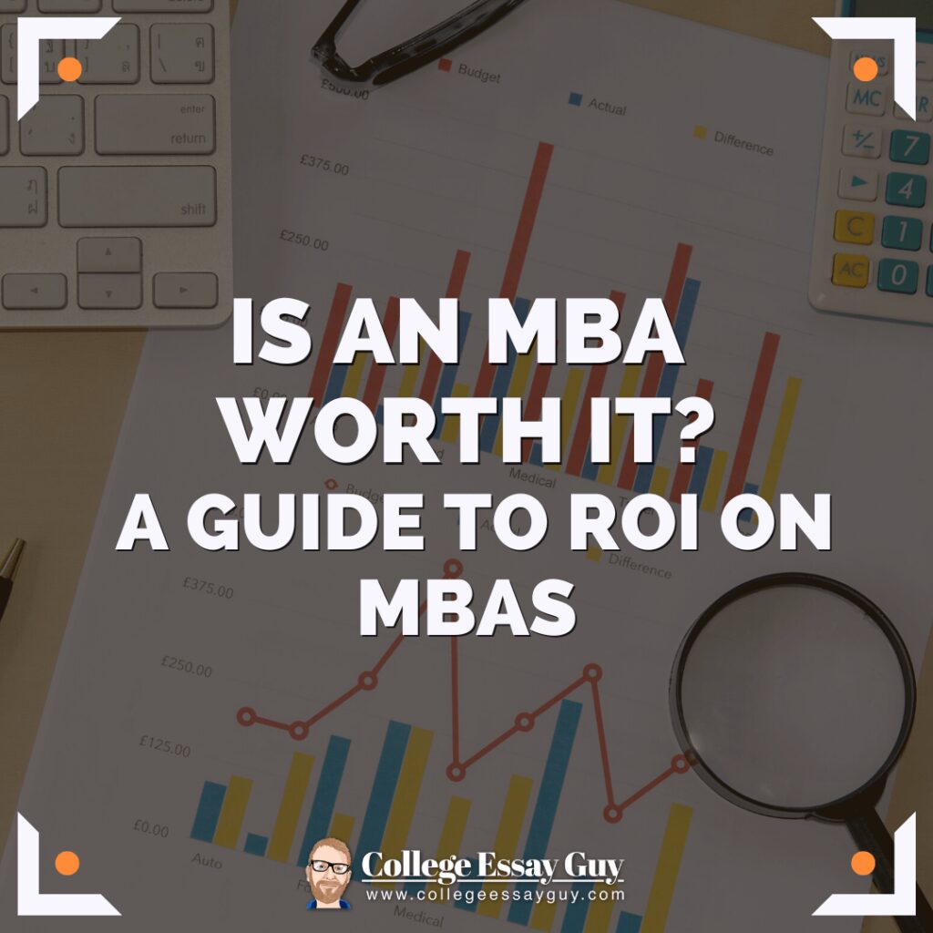 A desk with a keyboard, calculator, magnifying glass, and a financial chart, overlaid with the text "Is an MBA worth it? A guide to ROI on MBAs.